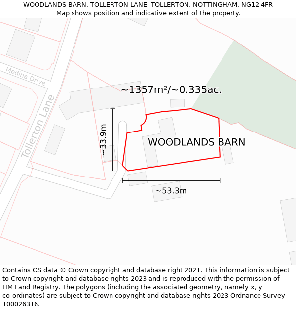 WOODLANDS BARN, TOLLERTON LANE, TOLLERTON, NOTTINGHAM, NG12 4FR: Plot and title map
