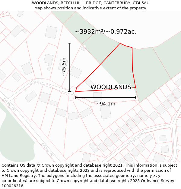 WOODLANDS, BEECH HILL, BRIDGE, CANTERBURY, CT4 5AU: Plot and title map