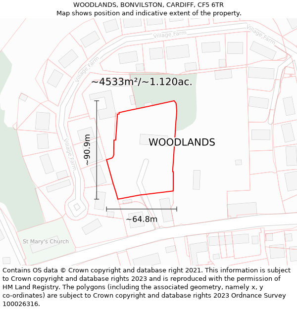 WOODLANDS, BONVILSTON, CARDIFF, CF5 6TR: Plot and title map