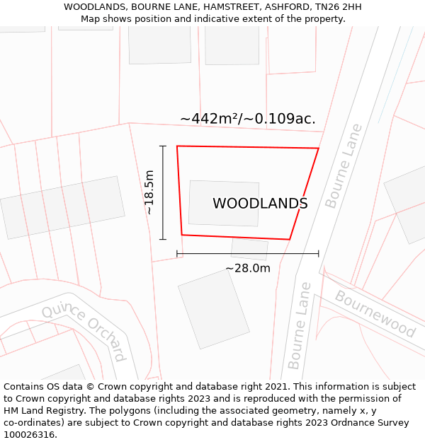 WOODLANDS, BOURNE LANE, HAMSTREET, ASHFORD, TN26 2HH: Plot and title map