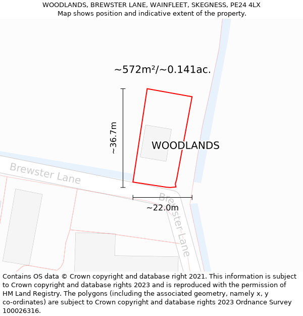 WOODLANDS, BREWSTER LANE, WAINFLEET, SKEGNESS, PE24 4LX: Plot and title map