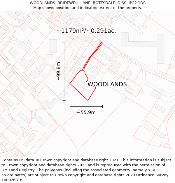 WOODLANDS, BRIDEWELL LANE, BOTESDALE, DISS, IP22 1DS: Plot and title map