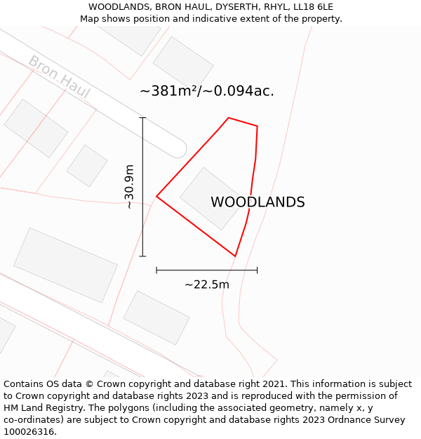 WOODLANDS, BRON HAUL, DYSERTH, RHYL, LL18 6LE: Plot and title map