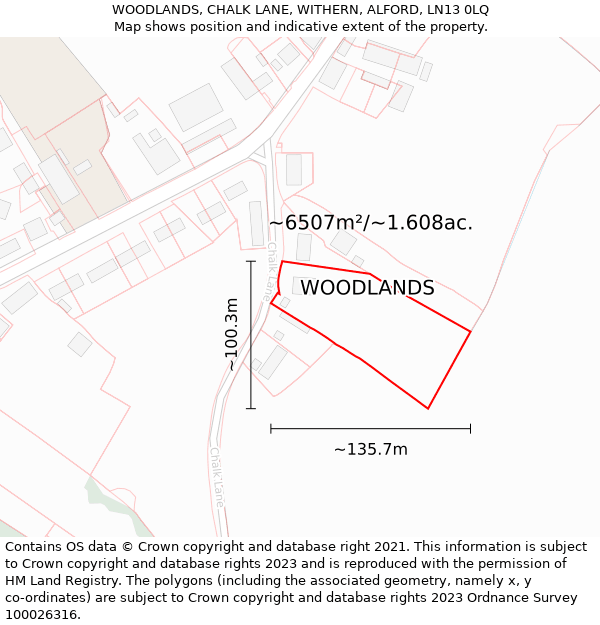 WOODLANDS, CHALK LANE, WITHERN, ALFORD, LN13 0LQ: Plot and title map