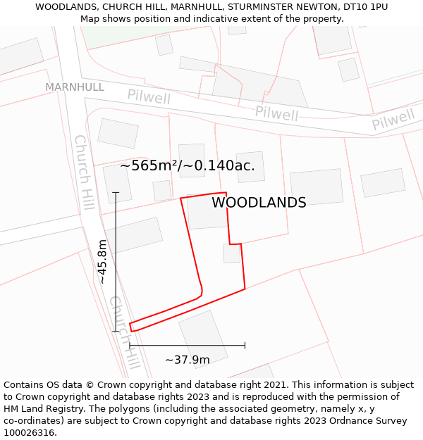 WOODLANDS, CHURCH HILL, MARNHULL, STURMINSTER NEWTON, DT10 1PU: Plot and title map