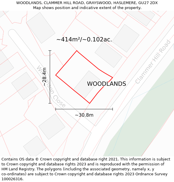 WOODLANDS, CLAMMER HILL ROAD, GRAYSWOOD, HASLEMERE, GU27 2DX: Plot and title map