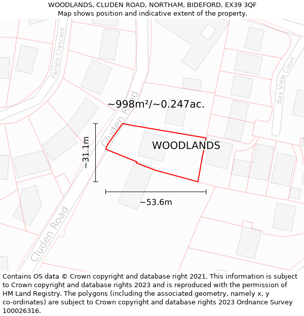 WOODLANDS, CLUDEN ROAD, NORTHAM, BIDEFORD, EX39 3QF: Plot and title map
