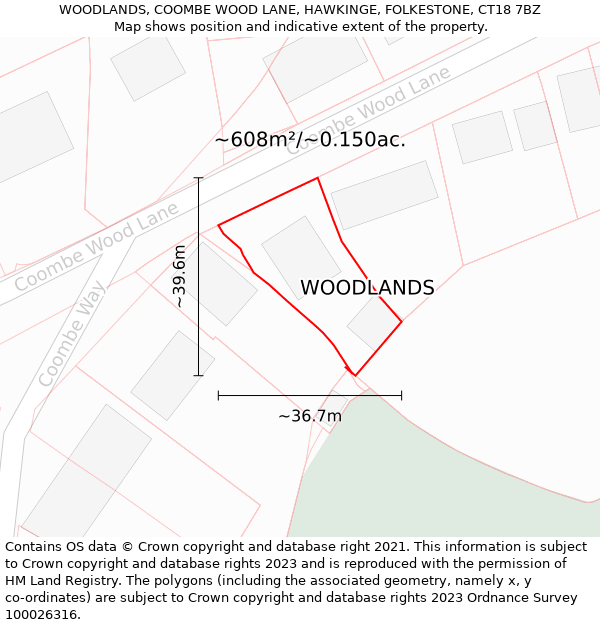 WOODLANDS, COOMBE WOOD LANE, HAWKINGE, FOLKESTONE, CT18 7BZ: Plot and title map