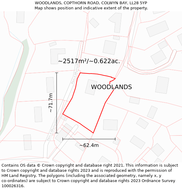 WOODLANDS, COPTHORN ROAD, COLWYN BAY, LL28 5YP: Plot and title map