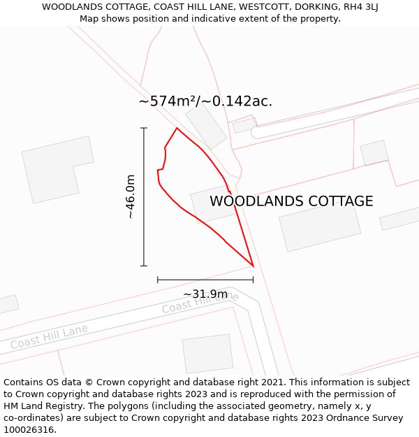 WOODLANDS COTTAGE, COAST HILL LANE, WESTCOTT, DORKING, RH4 3LJ: Plot and title map