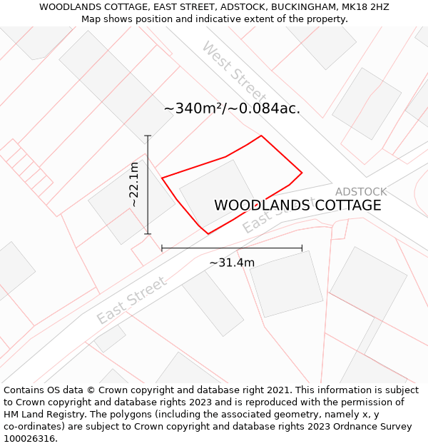 WOODLANDS COTTAGE, EAST STREET, ADSTOCK, BUCKINGHAM, MK18 2HZ: Plot and title map