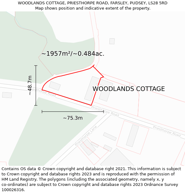 WOODLANDS COTTAGE, PRIESTHORPE ROAD, FARSLEY, PUDSEY, LS28 5RD: Plot and title map