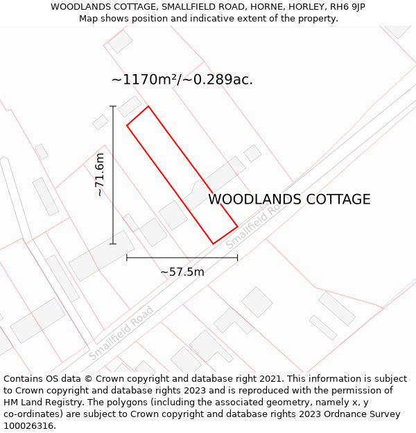 WOODLANDS COTTAGE, SMALLFIELD ROAD, HORNE, HORLEY, RH6 9JP: Plot and title map