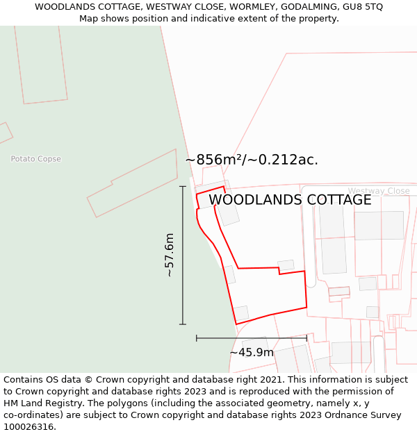 WOODLANDS COTTAGE, WESTWAY CLOSE, WORMLEY, GODALMING, GU8 5TQ: Plot and title map