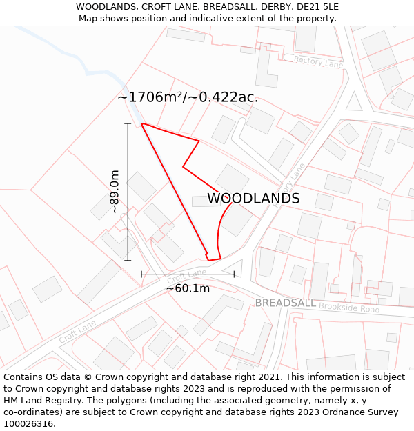 WOODLANDS, CROFT LANE, BREADSALL, DERBY, DE21 5LE: Plot and title map