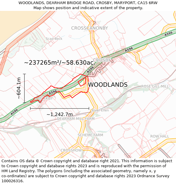 WOODLANDS, DEARHAM BRIDGE ROAD, CROSBY, MARYPORT, CA15 6RW: Plot and title map