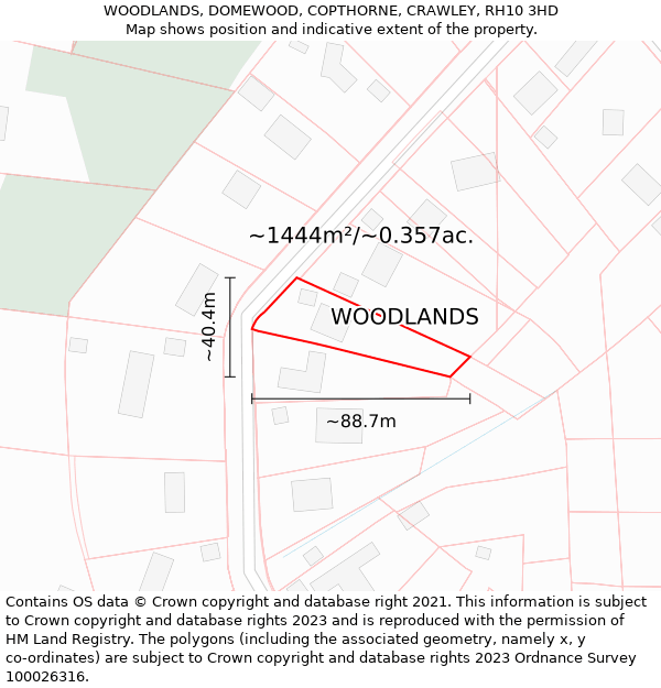 WOODLANDS, DOMEWOOD, COPTHORNE, CRAWLEY, RH10 3HD: Plot and title map