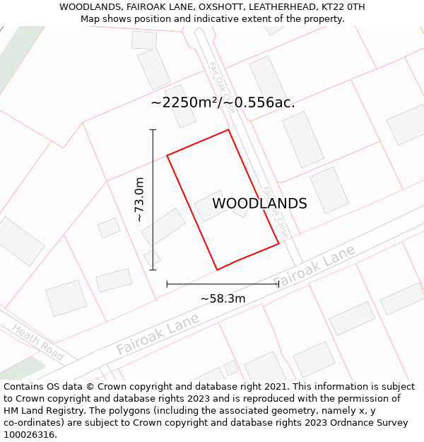 WOODLANDS, FAIROAK LANE, OXSHOTT, LEATHERHEAD, KT22 0TH: Plot and title map