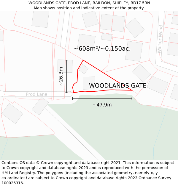 WOODLANDS GATE, PROD LANE, BAILDON, SHIPLEY, BD17 5BN: Plot and title map