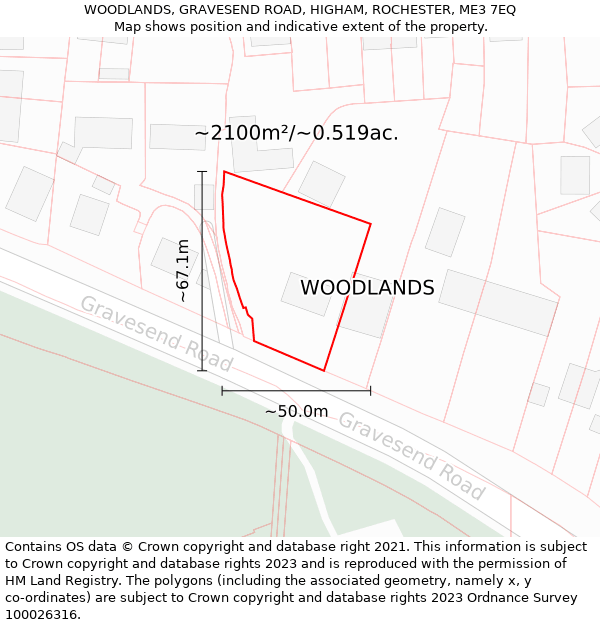 WOODLANDS, GRAVESEND ROAD, HIGHAM, ROCHESTER, ME3 7EQ: Plot and title map