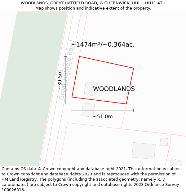 WOODLANDS, GREAT HATFIELD ROAD, WITHERNWICK, HULL, HU11 4TU: Plot and title map