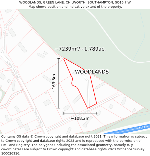 WOODLANDS, GREEN LANE, CHILWORTH, SOUTHAMPTON, SO16 7JW: Plot and title map