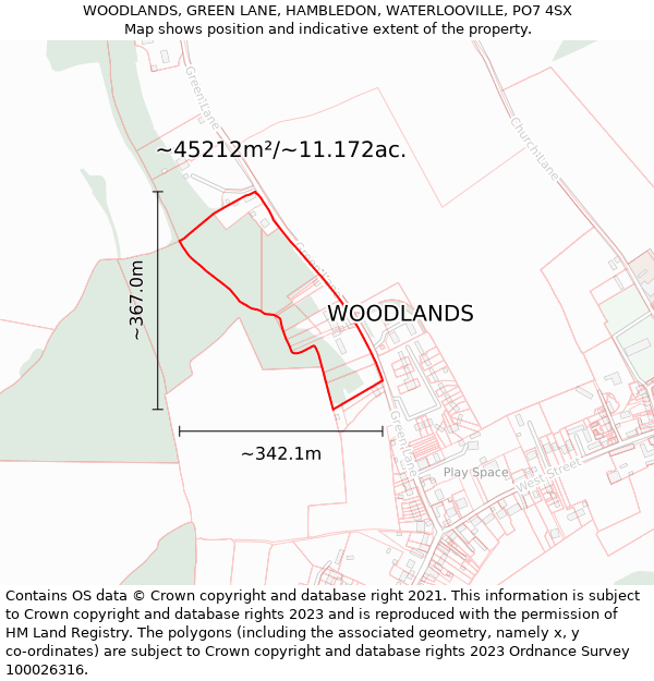 WOODLANDS, GREEN LANE, HAMBLEDON, WATERLOOVILLE, PO7 4SX: Plot and title map