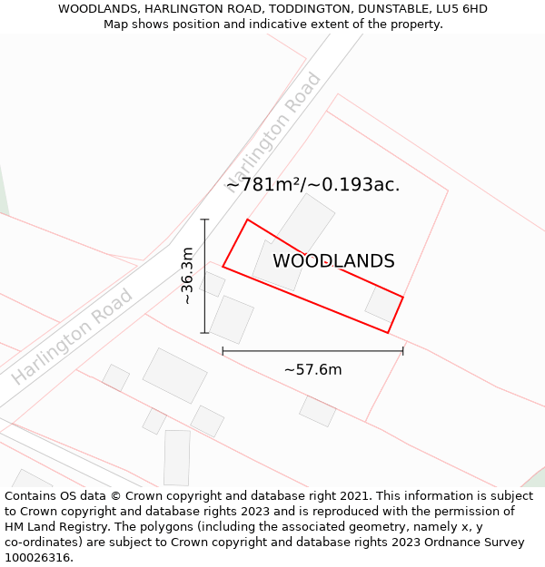 WOODLANDS, HARLINGTON ROAD, TODDINGTON, DUNSTABLE, LU5 6HD: Plot and title map