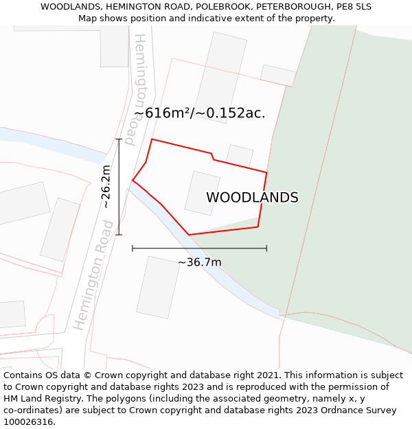 WOODLANDS, HEMINGTON ROAD, POLEBROOK, PETERBOROUGH, PE8 5LS: Plot and title map