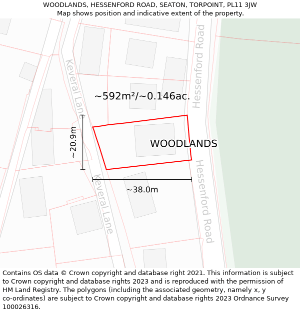 WOODLANDS, HESSENFORD ROAD, SEATON, TORPOINT, PL11 3JW: Plot and title map