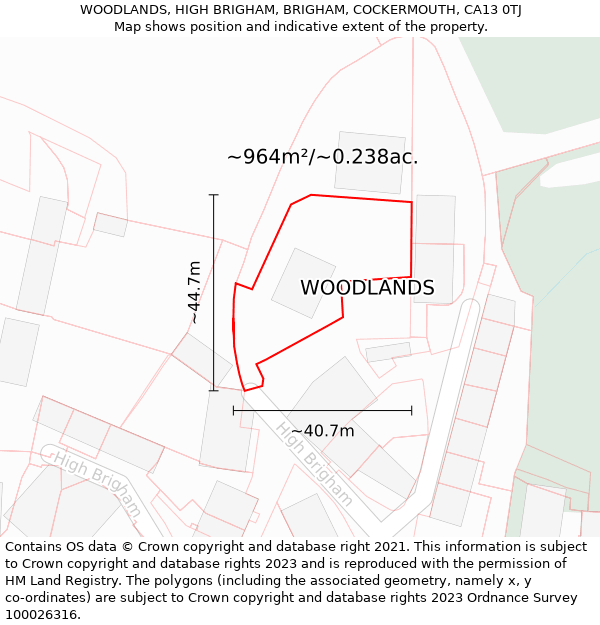 WOODLANDS, HIGH BRIGHAM, BRIGHAM, COCKERMOUTH, CA13 0TJ: Plot and title map