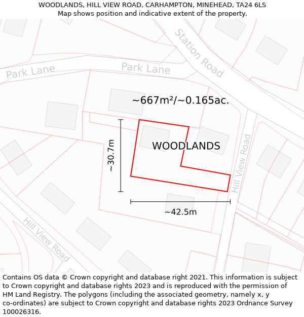 WOODLANDS, HILL VIEW ROAD, CARHAMPTON, MINEHEAD, TA24 6LS: Plot and title map