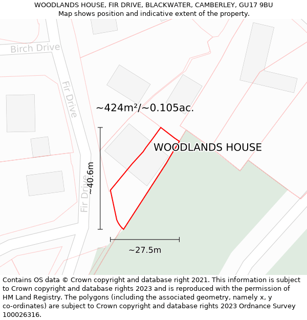 WOODLANDS HOUSE, FIR DRIVE, BLACKWATER, CAMBERLEY, GU17 9BU: Plot and title map