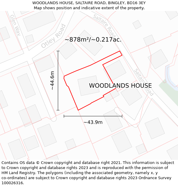 WOODLANDS HOUSE, SALTAIRE ROAD, BINGLEY, BD16 3EY: Plot and title map