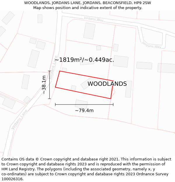 WOODLANDS, JORDANS LANE, JORDANS, BEACONSFIELD, HP9 2SW: Plot and title map