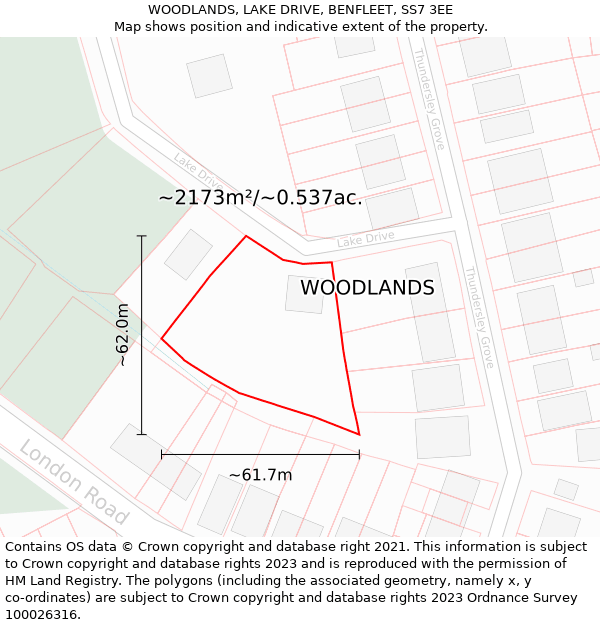 WOODLANDS, LAKE DRIVE, BENFLEET, SS7 3EE: Plot and title map