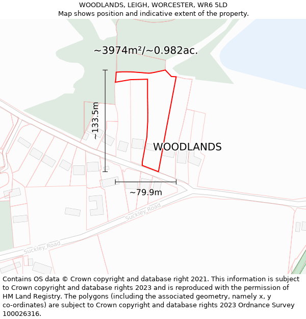WOODLANDS, LEIGH, WORCESTER, WR6 5LD: Plot and title map