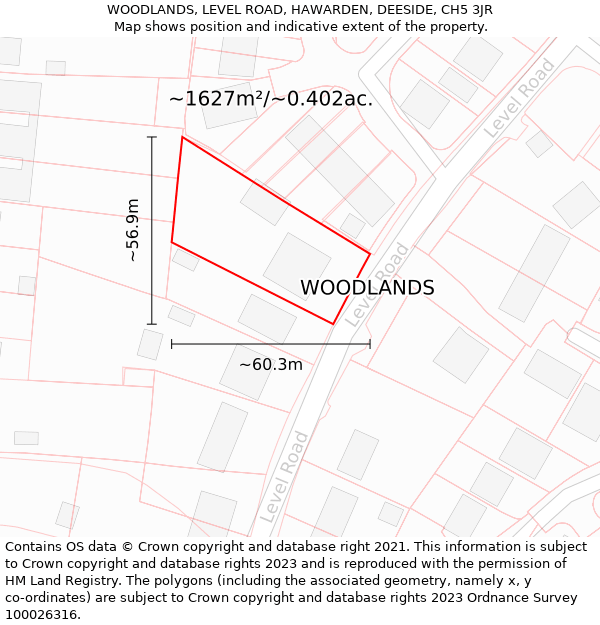 WOODLANDS, LEVEL ROAD, HAWARDEN, DEESIDE, CH5 3JR: Plot and title map