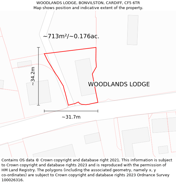 WOODLANDS LODGE, BONVILSTON, CARDIFF, CF5 6TR: Plot and title map