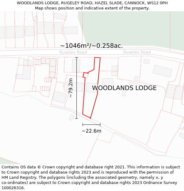 WOODLANDS LODGE, RUGELEY ROAD, HAZEL SLADE, CANNOCK, WS12 0PH: Plot and title map