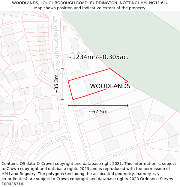 WOODLANDS, LOUGHBOROUGH ROAD, RUDDINGTON, NOTTINGHAM, NG11 6LU: Plot and title map