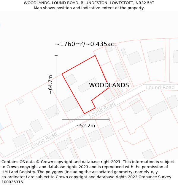 WOODLANDS, LOUND ROAD, BLUNDESTON, LOWESTOFT, NR32 5AT: Plot and title map