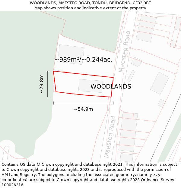 WOODLANDS, MAESTEG ROAD, TONDU, BRIDGEND, CF32 9BT: Plot and title map