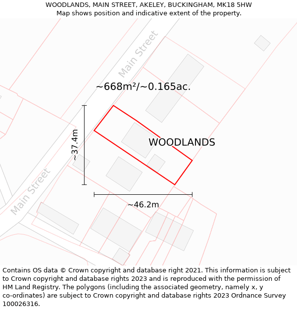 WOODLANDS, MAIN STREET, AKELEY, BUCKINGHAM, MK18 5HW: Plot and title map