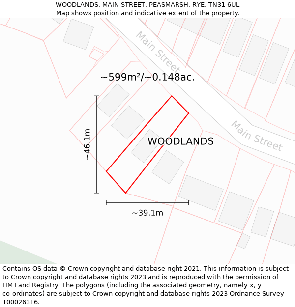 WOODLANDS, MAIN STREET, PEASMARSH, RYE, TN31 6UL: Plot and title map