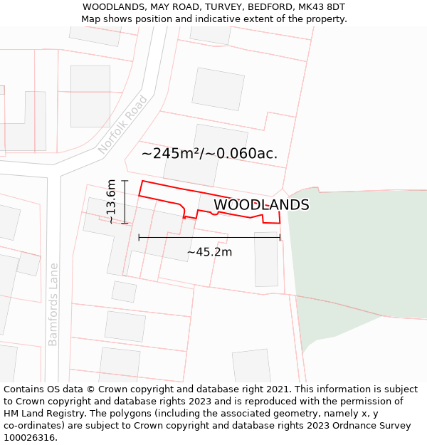 WOODLANDS, MAY ROAD, TURVEY, BEDFORD, MK43 8DT: Plot and title map