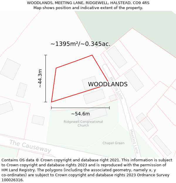 WOODLANDS, MEETING LANE, RIDGEWELL, HALSTEAD, CO9 4RS: Plot and title map