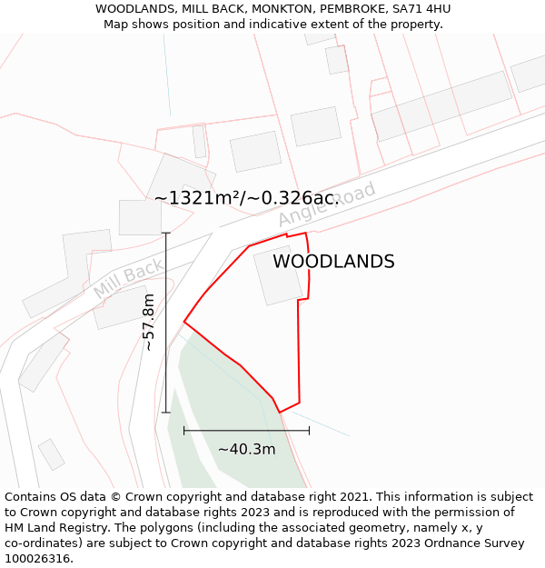 WOODLANDS, MILL BACK, MONKTON, PEMBROKE, SA71 4HU: Plot and title map