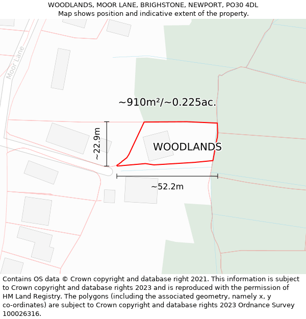 WOODLANDS, MOOR LANE, BRIGHSTONE, NEWPORT, PO30 4DL: Plot and title map