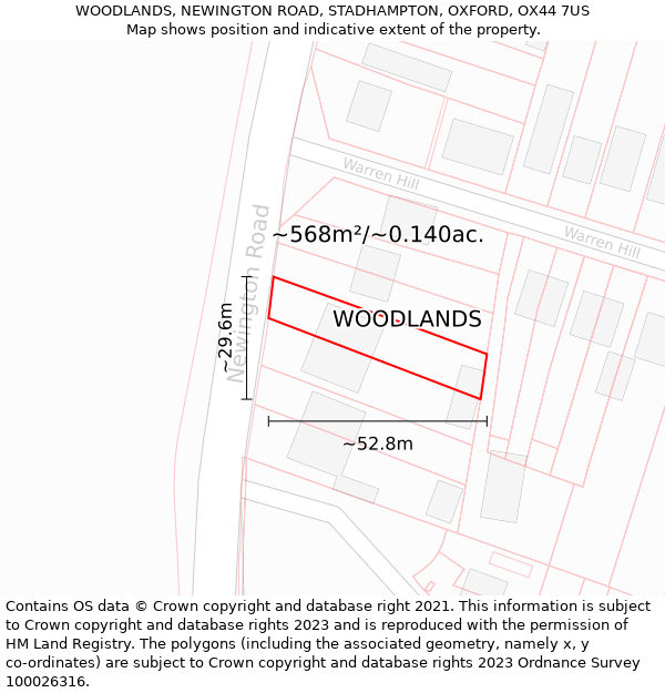 WOODLANDS, NEWINGTON ROAD, STADHAMPTON, OXFORD, OX44 7US: Plot and title map
